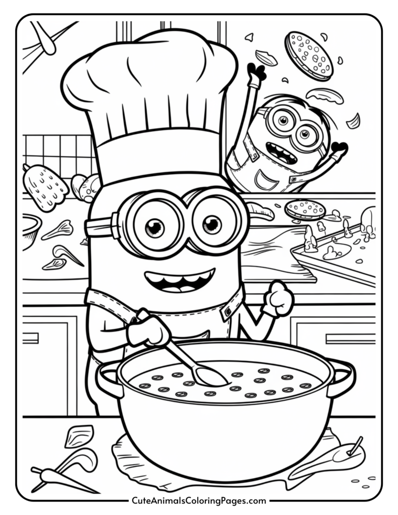 Minions cooking in a messy kitchen, one wearing a chef hat and stirring a large pot.