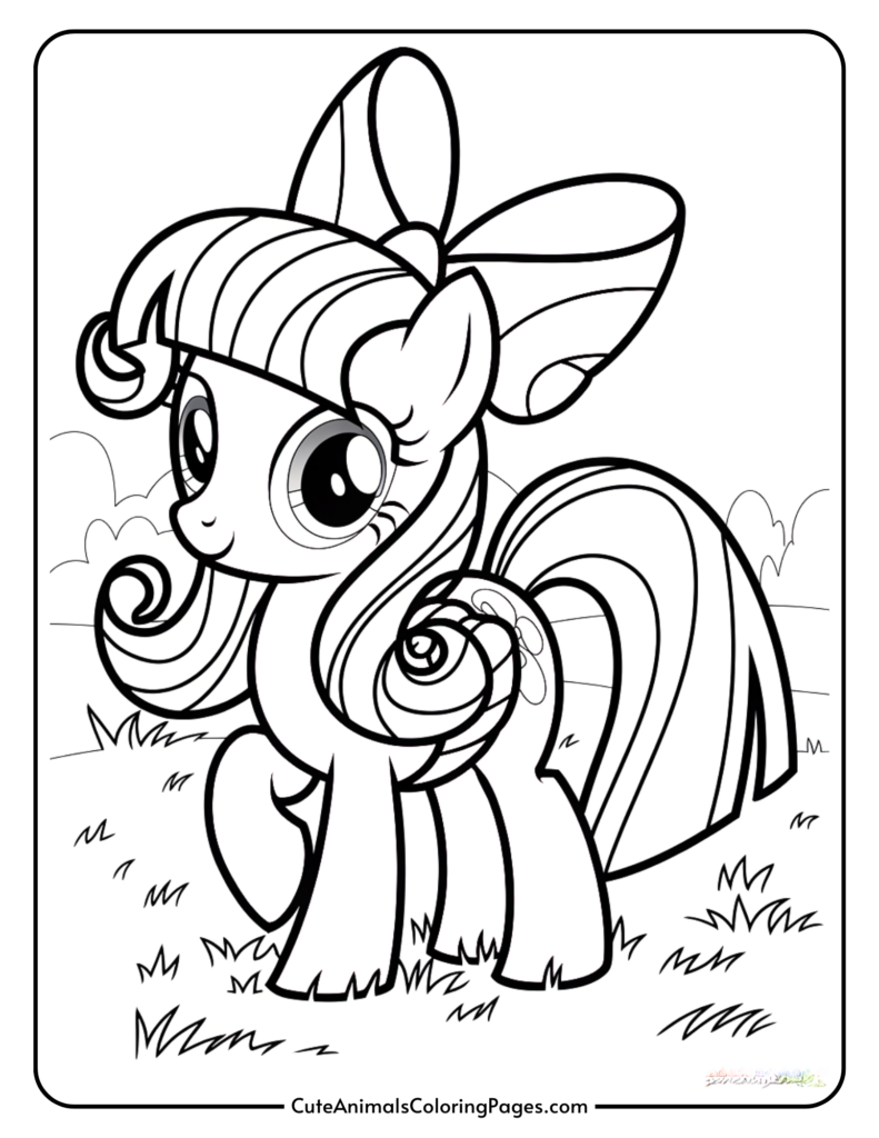 A cartoon pony with large eyes, a bow on its mane, and a decorative tail, standing on grass.