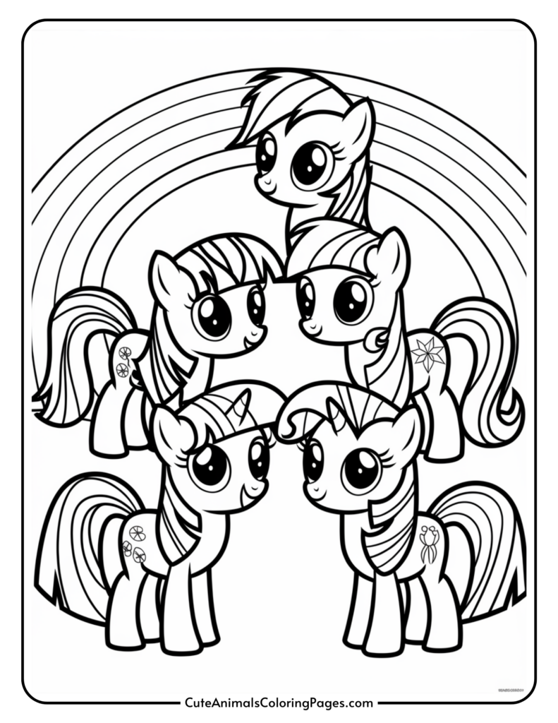 Four cartoon ponies with large eyes and distinct hairstyles standing together under a rainbow.