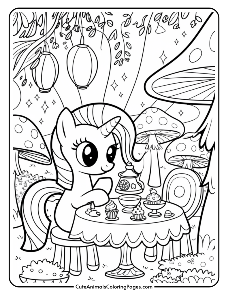 A unicorn sitting at a table in an enchanted forest setting with cupcakes and a tea set.