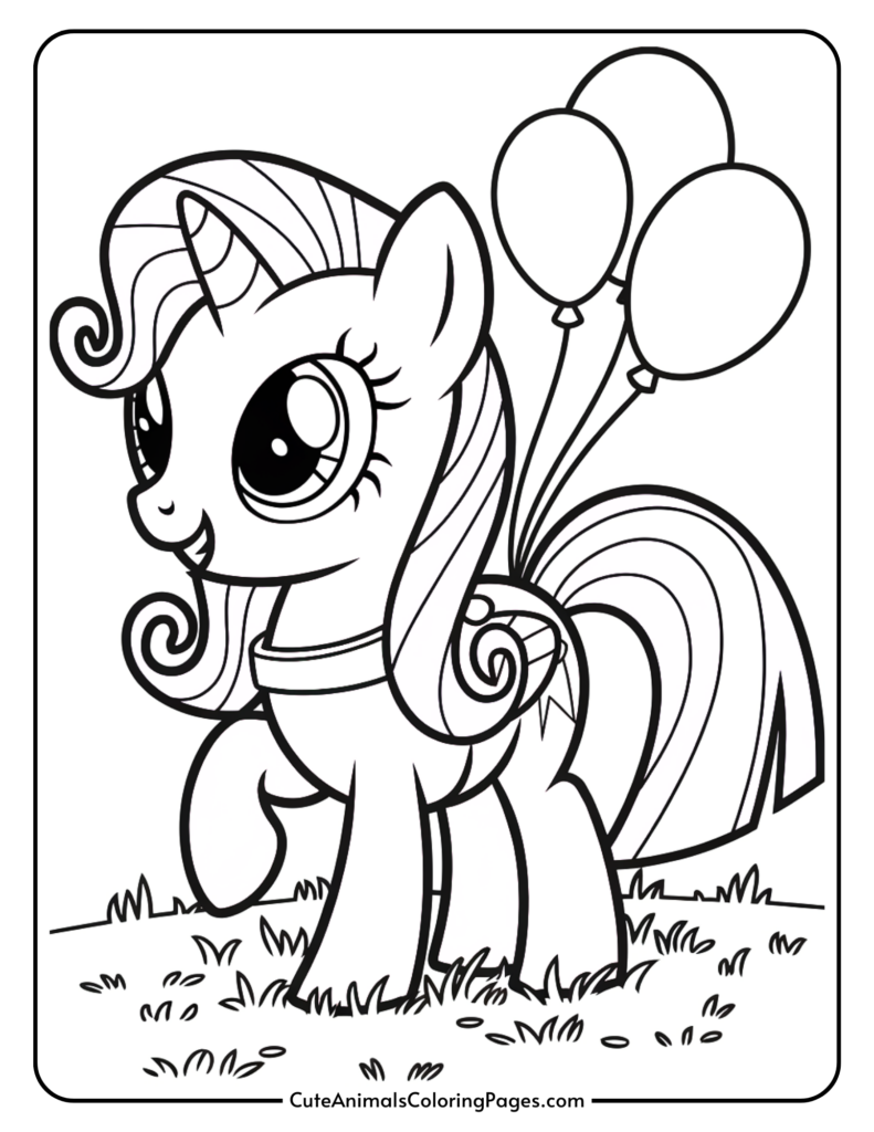 A cartoon unicorn with large eyes and curly mane, holding balloons, standing on grass.