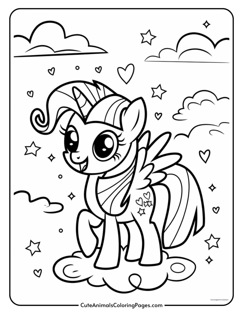 A cartoon unicorn with wings standing on a cloud, surrounded by stars, hearts, and clouds.