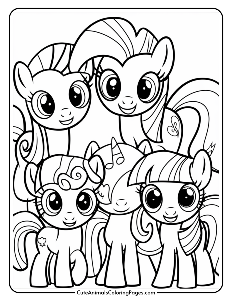 A group of five cartoon ponies with large eyes and various hairstyles, standing closely together.