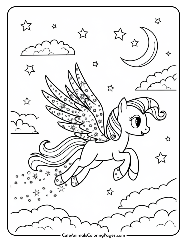 A winged unicorn flying through a starry night sky with clouds and a crescent moon.