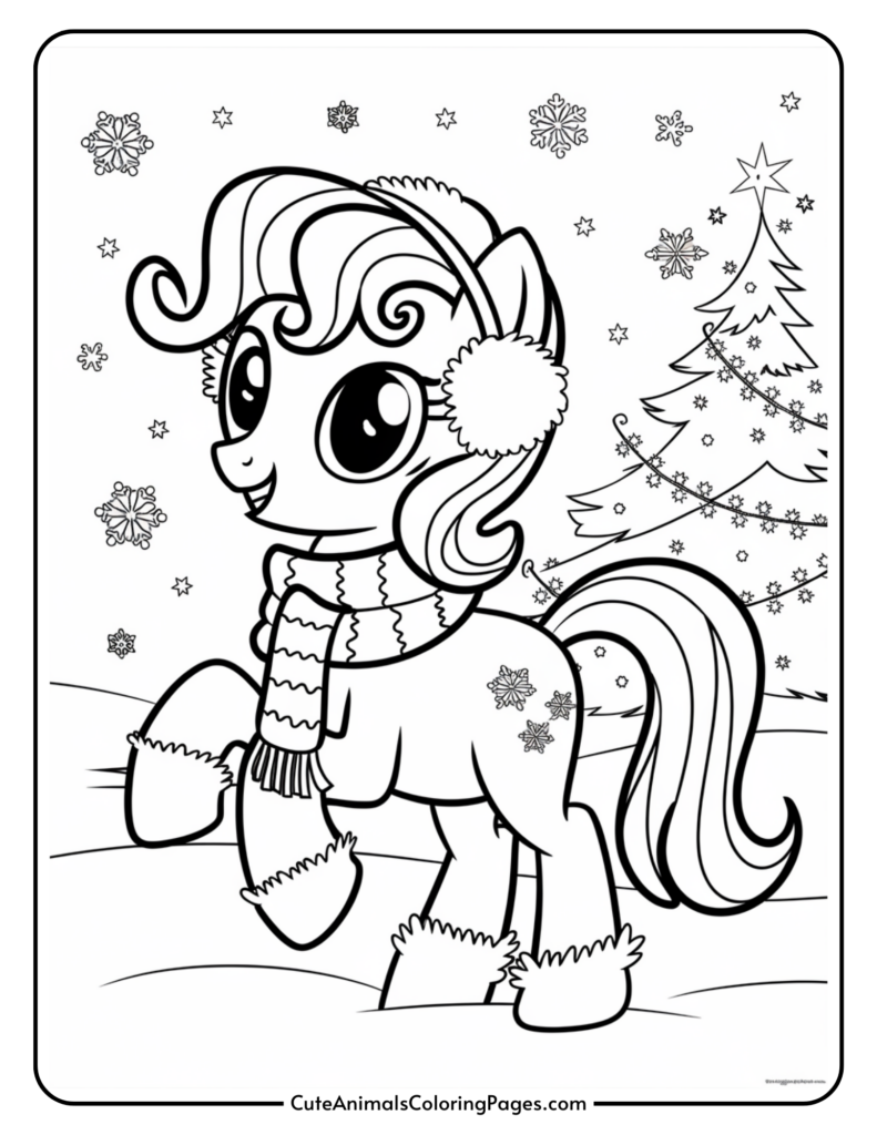 A cartoon pony wearing earmuffs and a scarf, surrounded by snowflakes and a decorated Christmas tree in a snowy landscape.