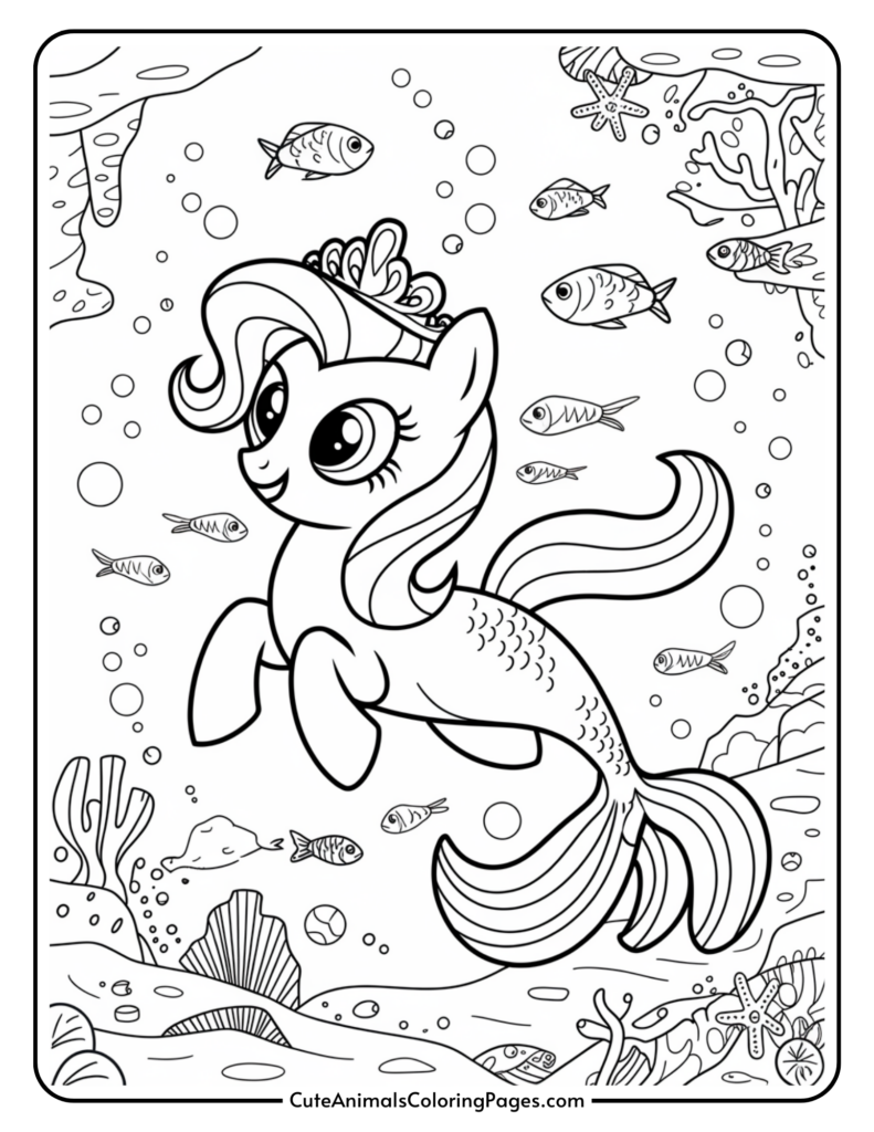 A cartoon mermaid pony with a crown swimming underwater surrounded by fish, bubbles, starfish, and coral.