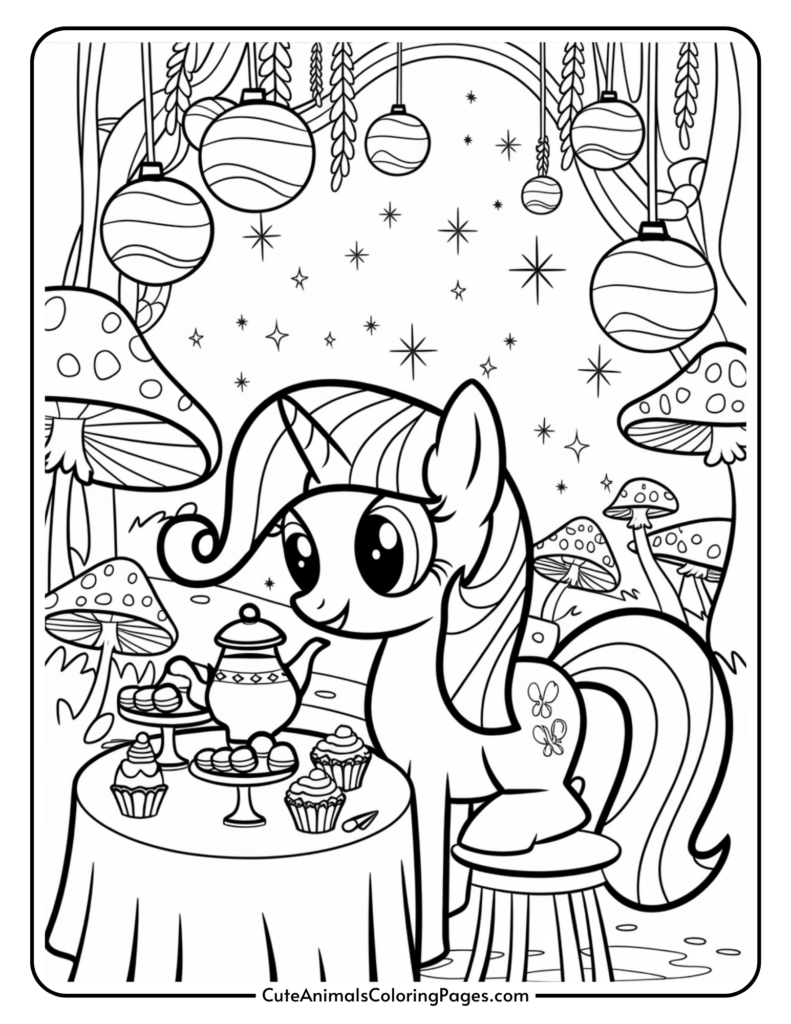 A cartoon pony having a tea party at a table with cupcakes in a whimsical forest setting, surrounded by hanging lanterns, stars, and large mushrooms.