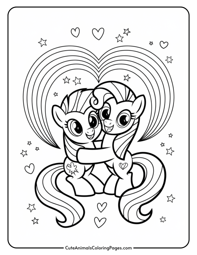 Two cartoon ponies hugging, surrounded by hearts, stars, and a rainbow.