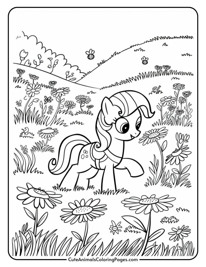 A cartoon pony with a flowing mane, surrounded by flowers and grass in a hilly landscape.