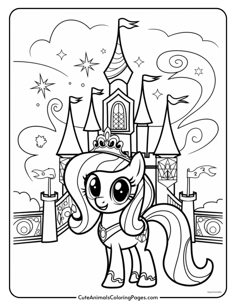 A cartoon pony with large eyes wearing a crown stands in front of a fairytale castle with flags and swirls in the sky.