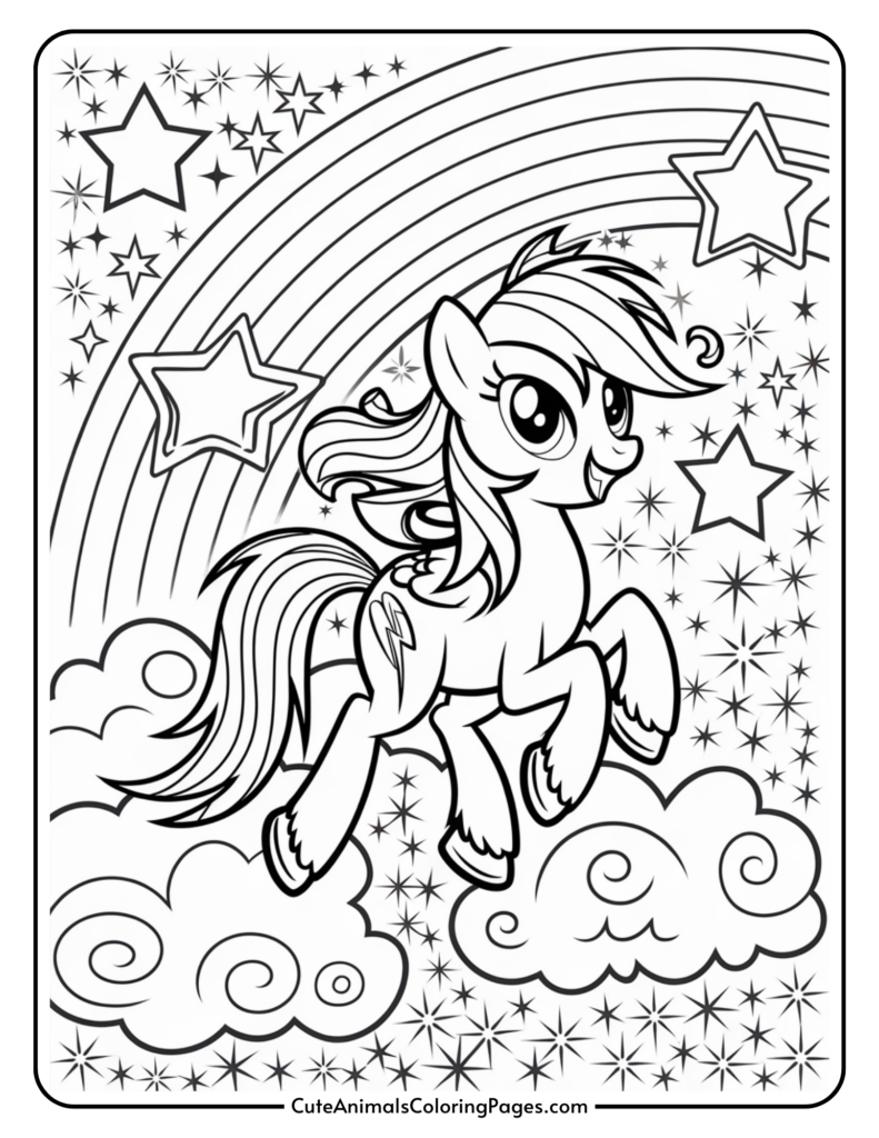 A cartoon pony with wings and a lightning bolt cutie mark flying among stars and clouds with a rainbow in the background.