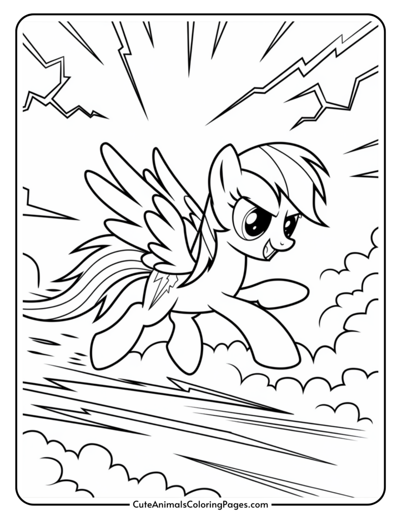 A cartoon winged pony flying energetically through clouds with lightning and rays in the background.