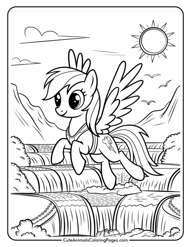 A winged cartoon pony with a colorful mane and tail is flying over a scenic waterfall landscape under a sunny sky.