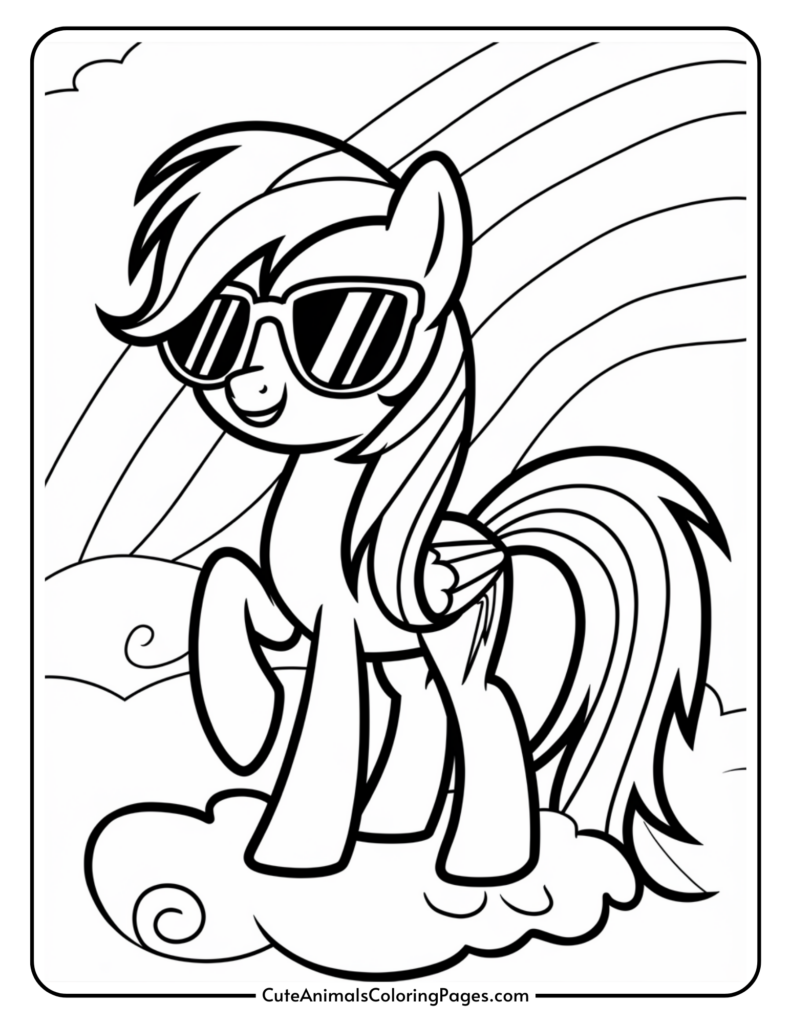 A cartoon pony with sunglasses standing on a cloud, with a rainbow background.