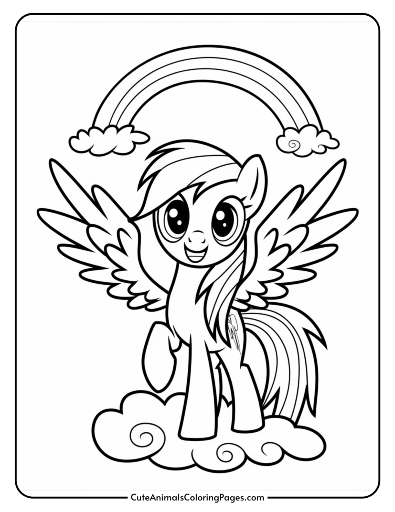 A cartoon winged pony standing on a cloud beneath a rainbow.