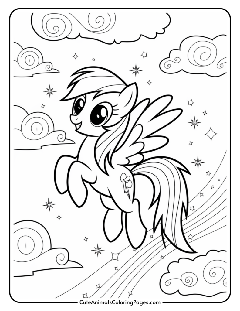 A cartoon winged pony with a rainbow mane is flying among clouds and stars.