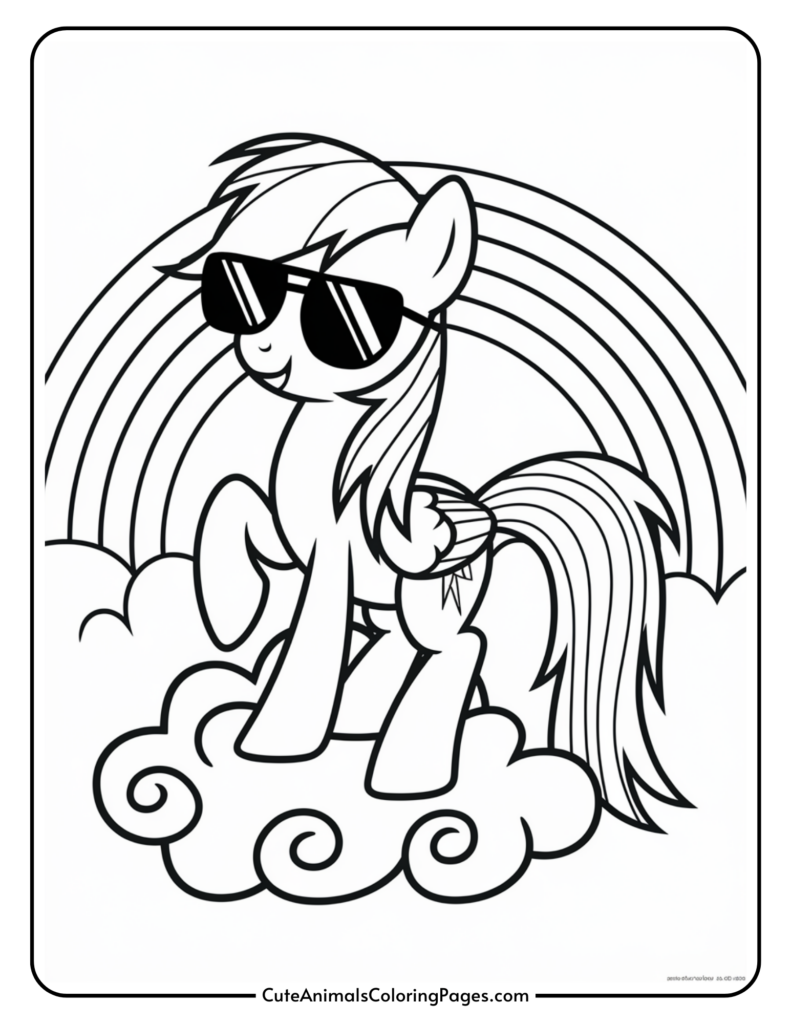 A cartoon pony wearing sunglasses, standing on a cloud with a rainbow backdrop.