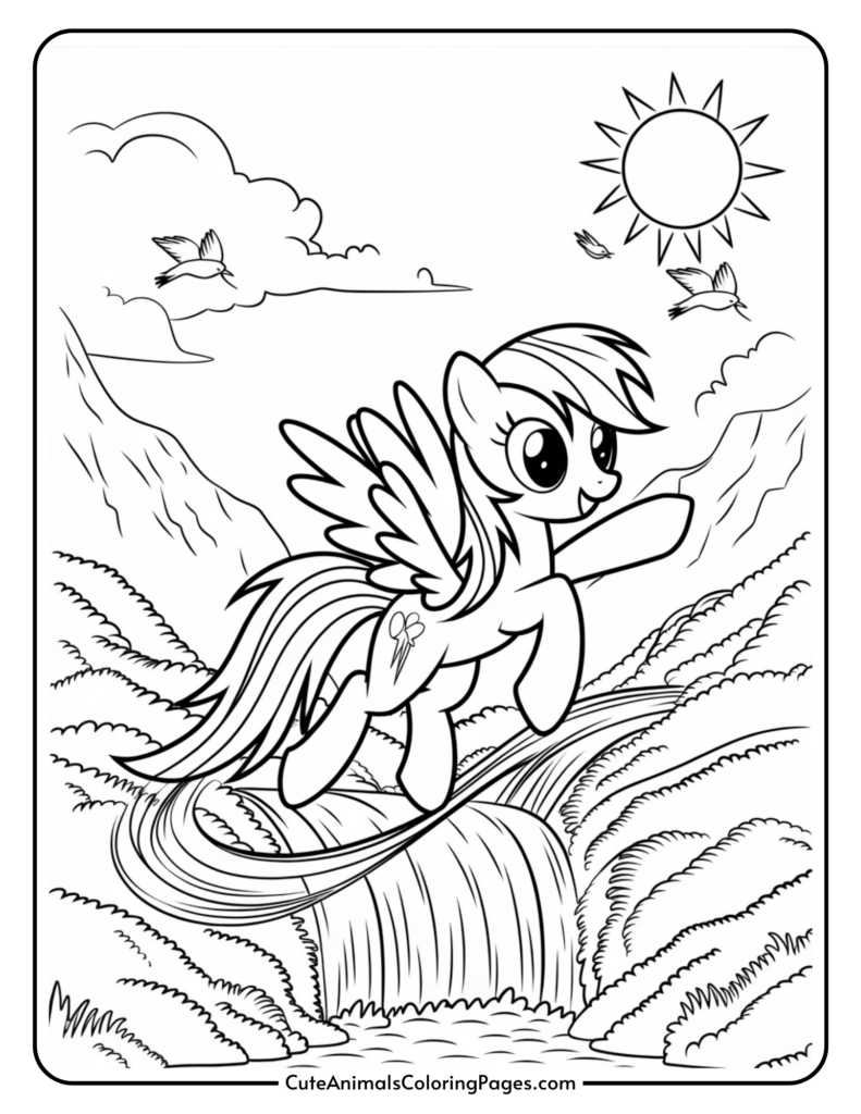 A cartoon winged pony flying over a waterfall with mountains, birds, and the sun in the background.