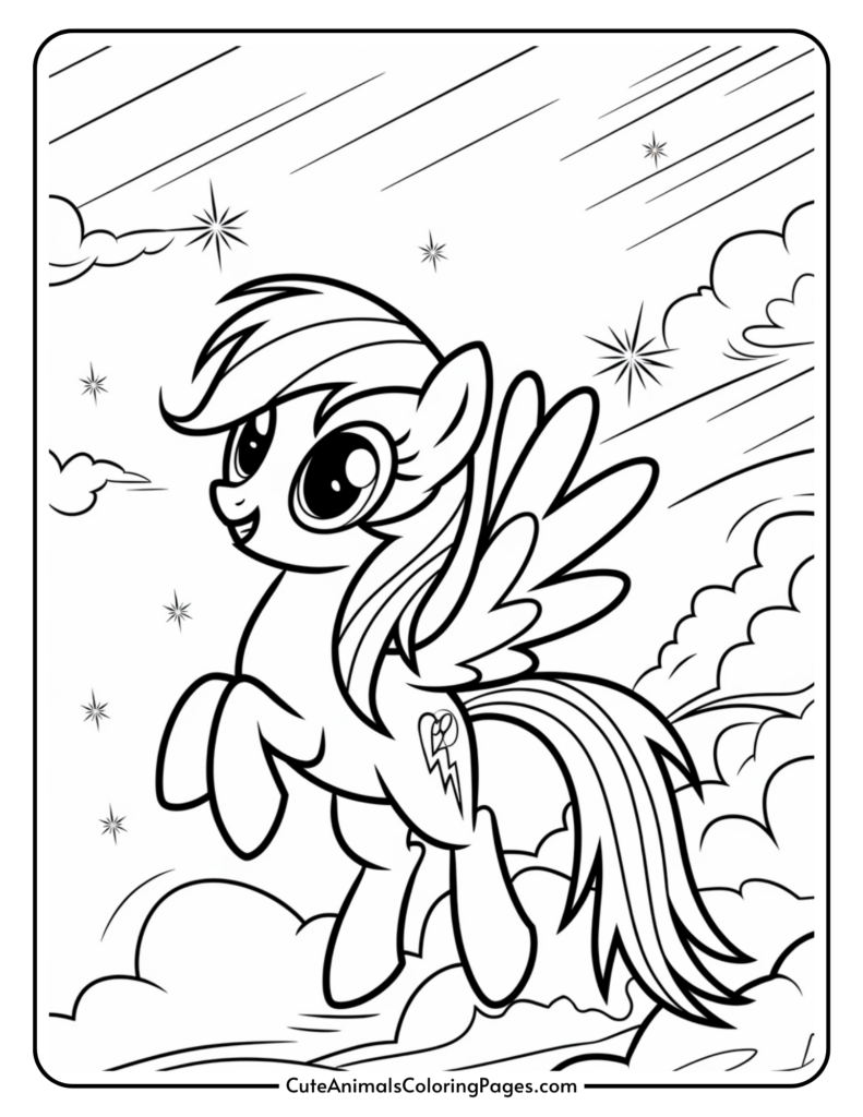 A cartoon pony with wings and a rainbow mane, smiling in the sky surrounded by clouds and stars.