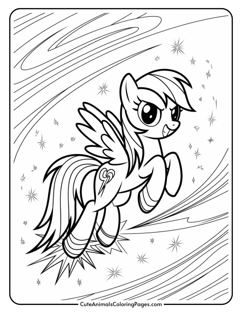 A flying cartoon pony with wings and a lightning bolt cutie mark, surrounded by swirling lines and stars in the background.