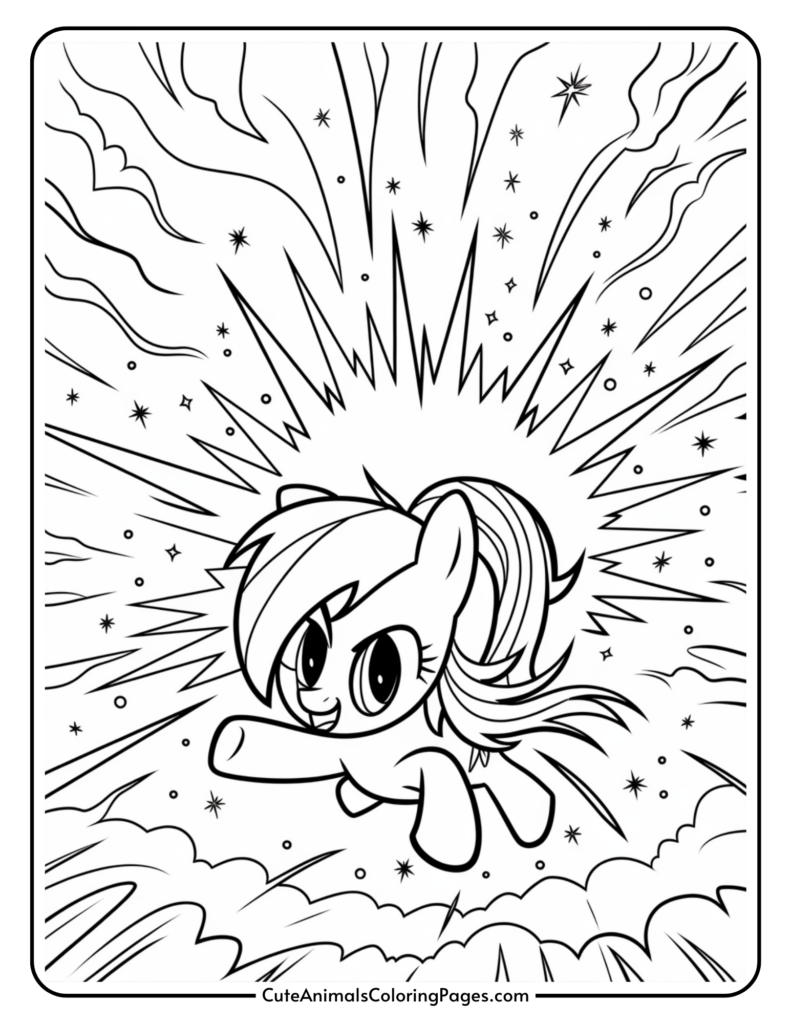 A cartoon pony flying energetically through the sky with a burst of stars and lines surrounding it.