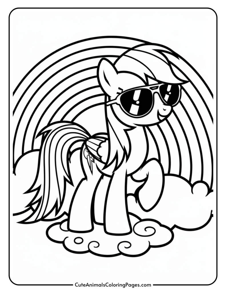 A cartoon pony wearing sunglasses, standing on clouds with a rainbow in the background.