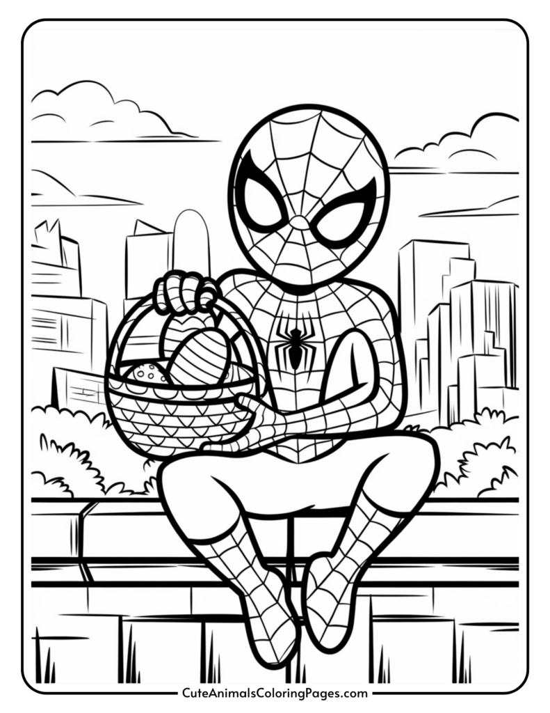 A cartoon character in a spider-themed costume sitting on a wall, holding an Easter basket, with a cityscape in the background.