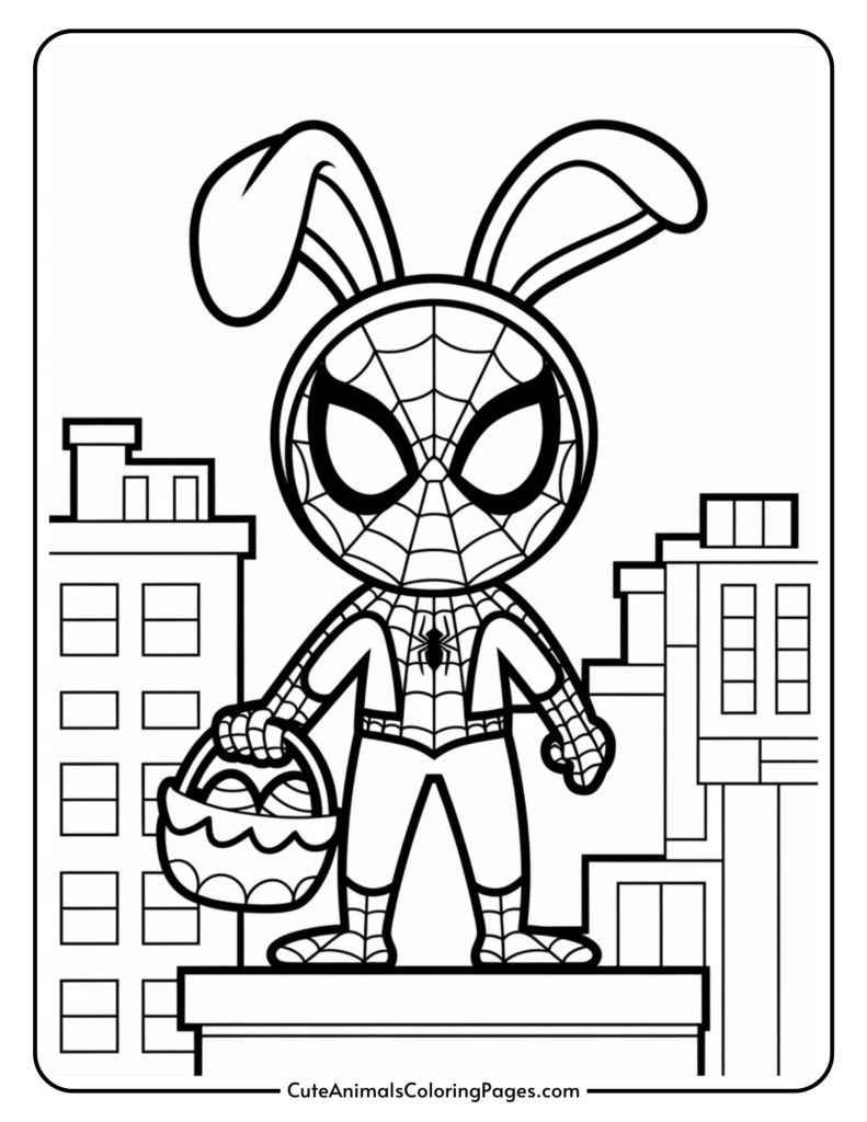 A cartoon character dressed as a superhero with a mask, holding a basket of eggs, and wearing bunny ears, standing on a city rooftop.