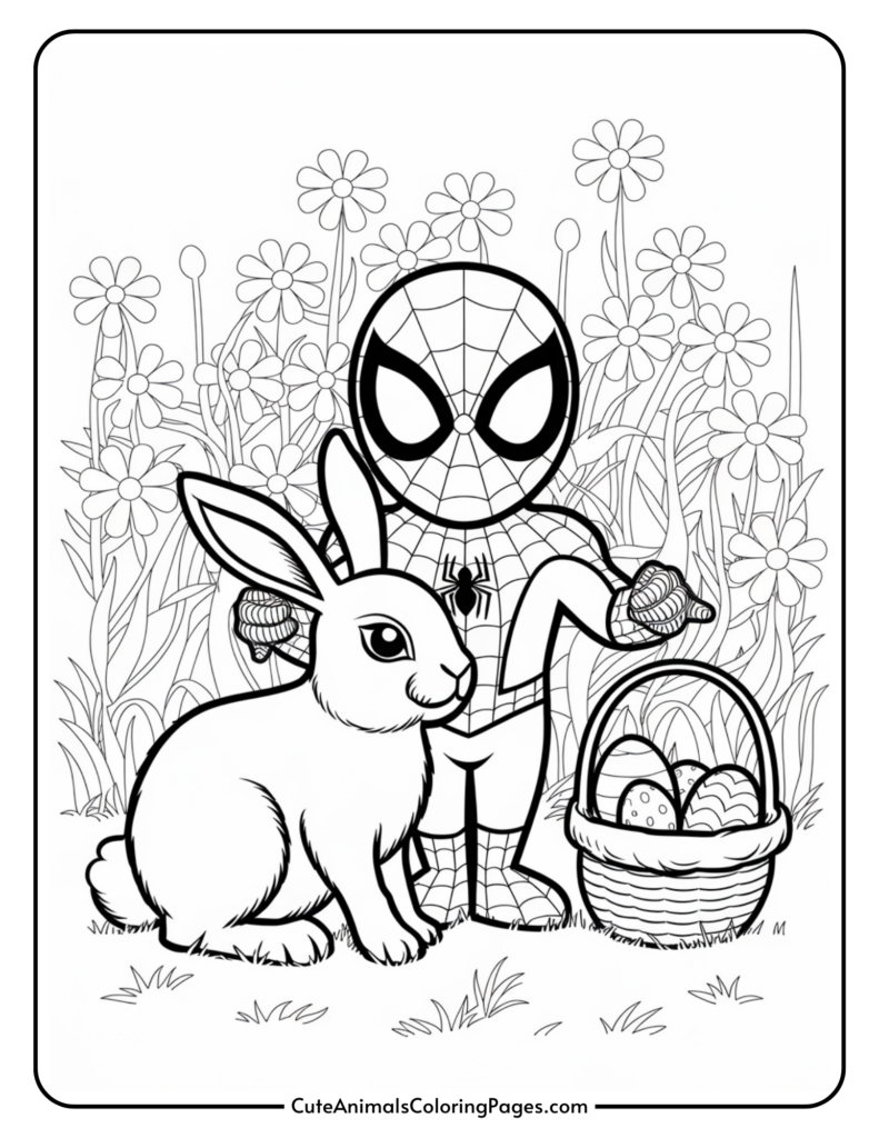 A cartoon character in a superhero costume stands with a basket of Easter eggs next to a rabbit, surrounded by flowers.