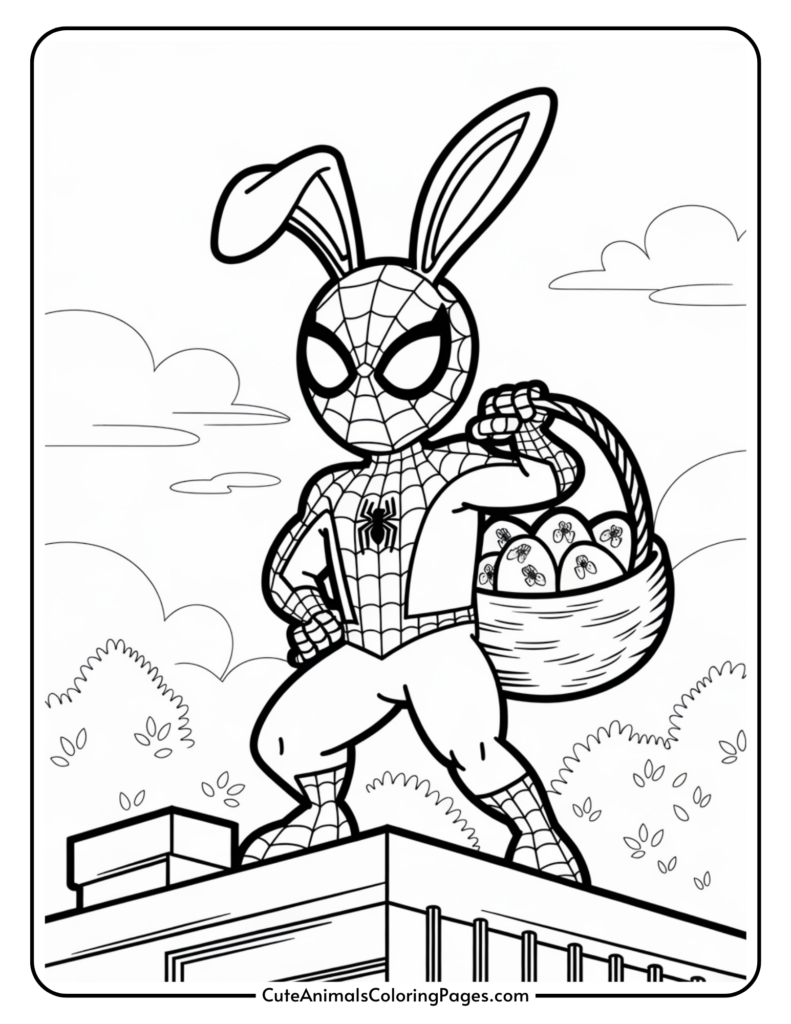 A cartoon character with a superhero outfit and bunny ears stands on a rooftop holding a basket of Easter eggs.