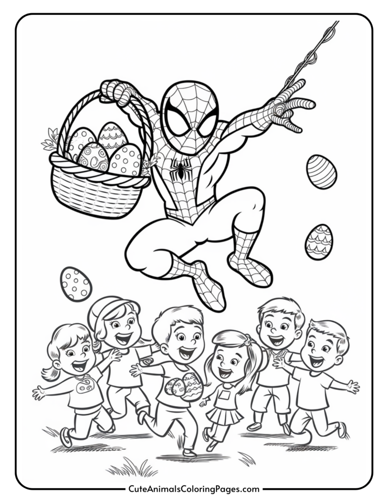 Spider-Man swinging with a basket of decorated eggs, while children excitedly reach out below.