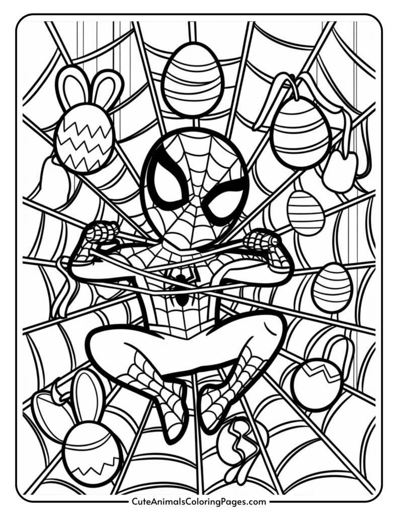 Cartoon character in superhero costume sitting on a web surrounded by decorated Easter eggs and bunny ears.