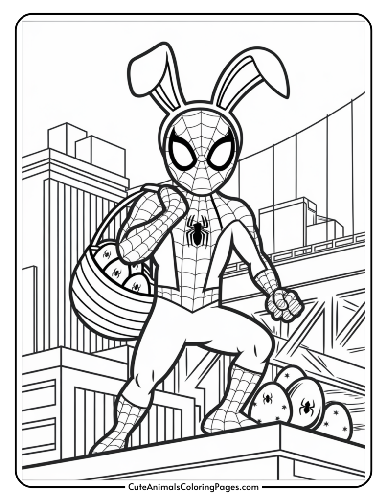 "Superhero character with bunny ears holding a basket of eggs on a rooftop, against a cityscape background."