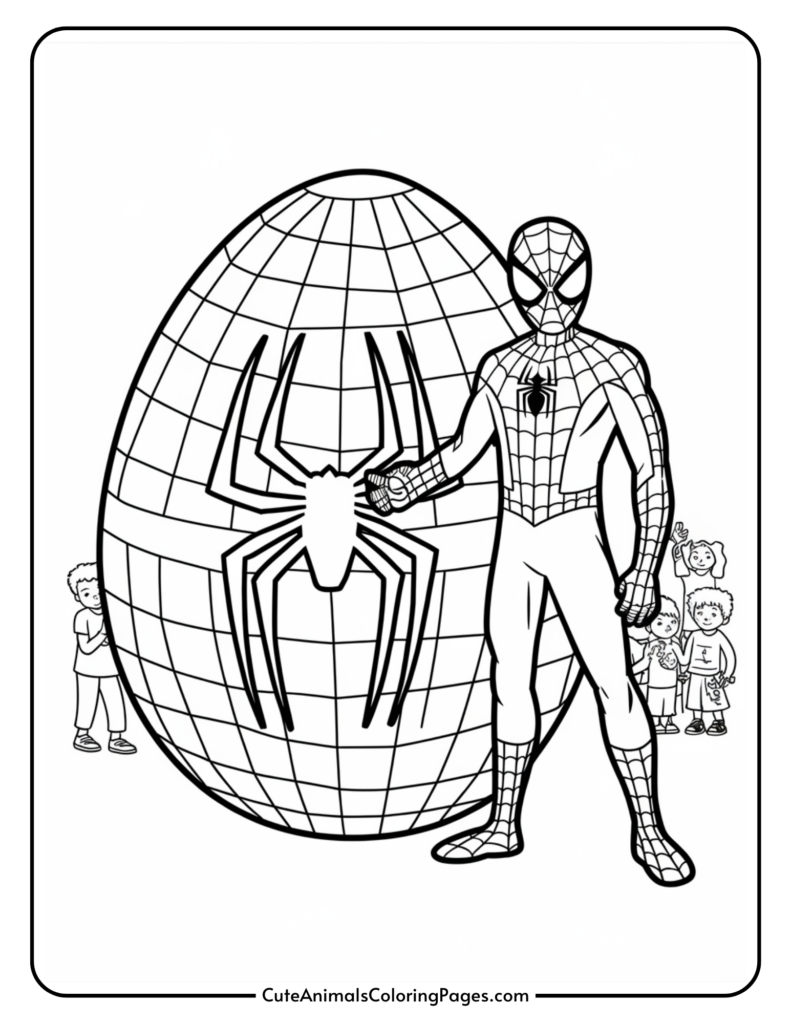 "Superhero in a spider-themed suit standing next to a large egg with a spider motif, surrounded by children in the background."