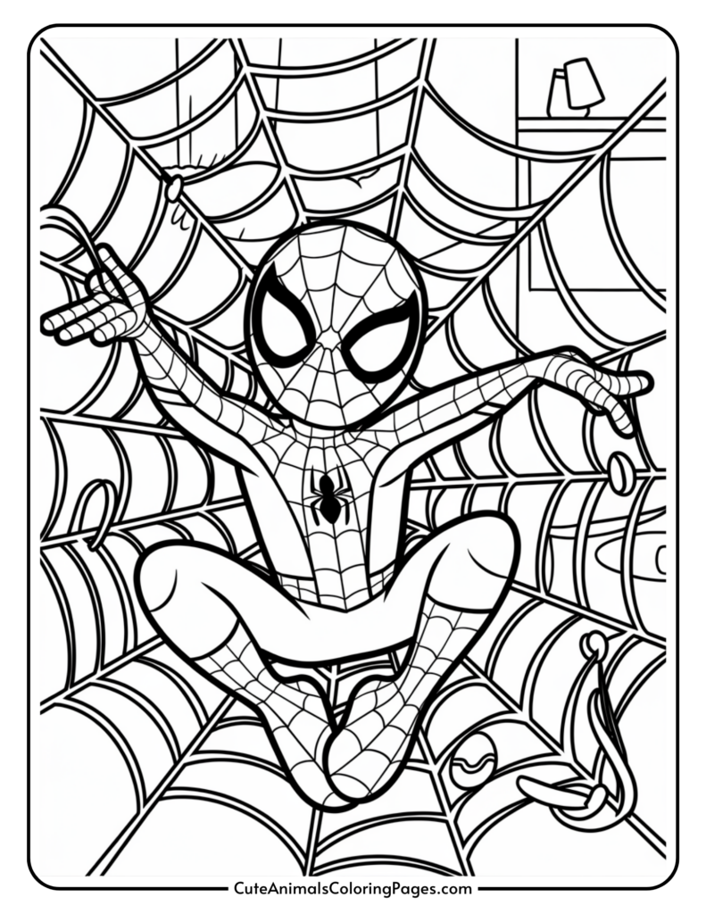 Illustration of Spider-Man sitting in a spider web, with an outstretched hand and a building in the background.