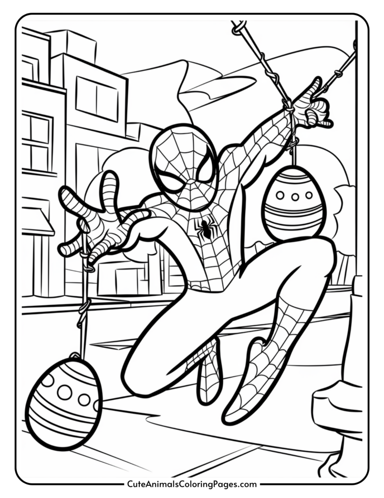 Spider-Man swinging through the city while holding Easter eggs.