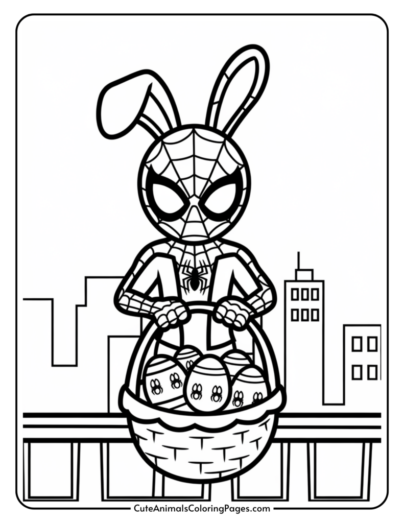 ```html Cartoon character with Spider-Man mask and bunny ears holding a basket of eggs, with city buildings in the background. ```