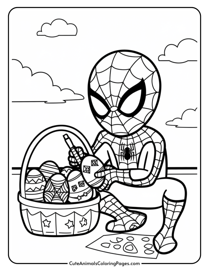 A cartoon character in a spider-themed costume is sitting and painting Easter eggs from a basket.