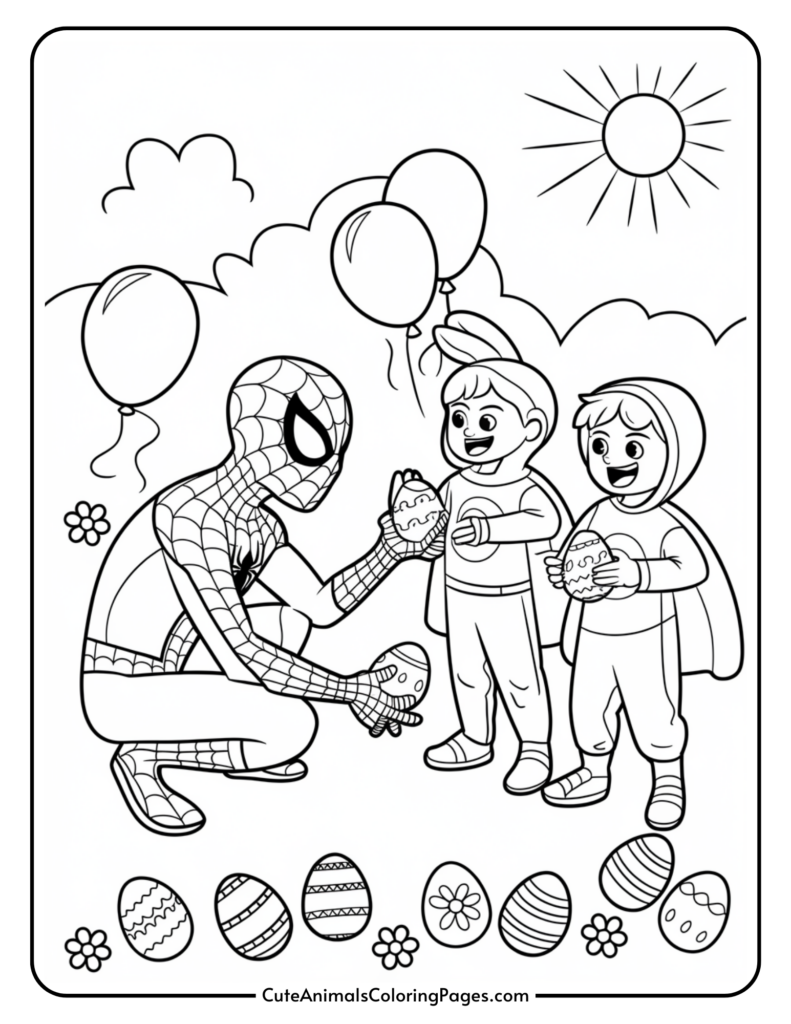 "Illustration of a superhero giving Easter eggs to two children in costumes, surrounded by balloons, clouds, and the sun, with decorated eggs and flowers at the bottom."