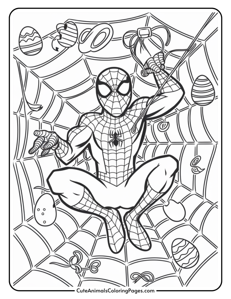 Spider-Man swinging on a web surrounded by Easter eggs.