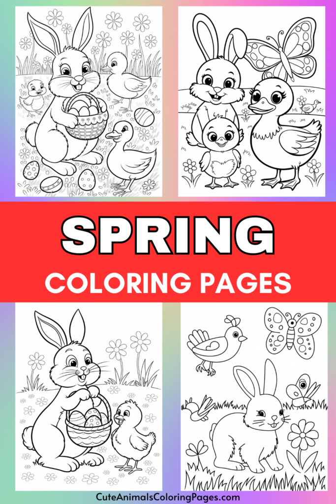 Spring-themed coloring pages featuring rabbits, ducks, chicks, and butterflies with flowers and eggs.