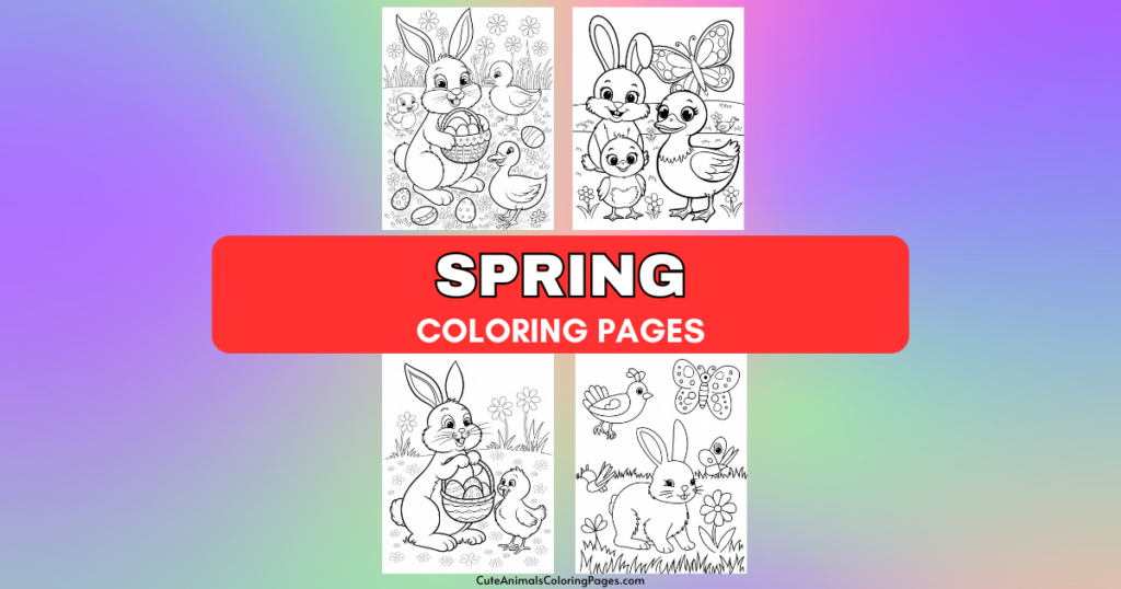 Spring coloring pages featuring rabbits, ducks, and butterflies, with a bright background.