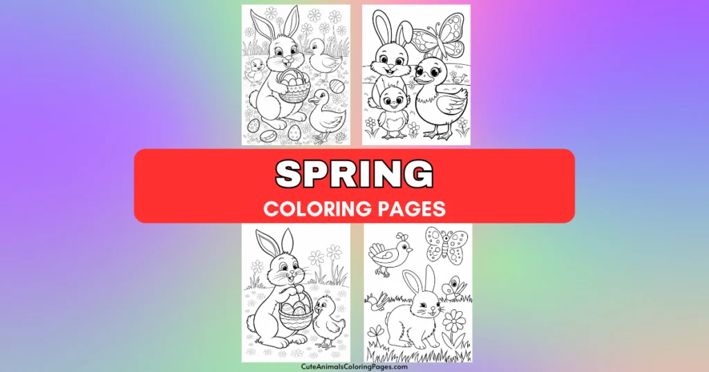 Spring coloring pages featuring rabbits, ducks, and butterflies, with a bright background.