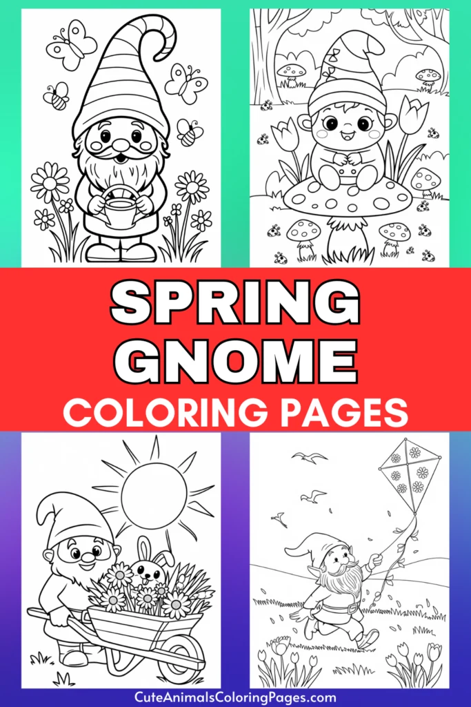 "Spring Gnome Coloring Pages" featuring line drawings of gnomes in spring settings with flowers, butterflies, and kites.