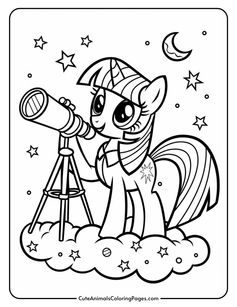 A cartoon unicorn pony using a telescope on a cloud, surrounded by stars and a crescent moon.