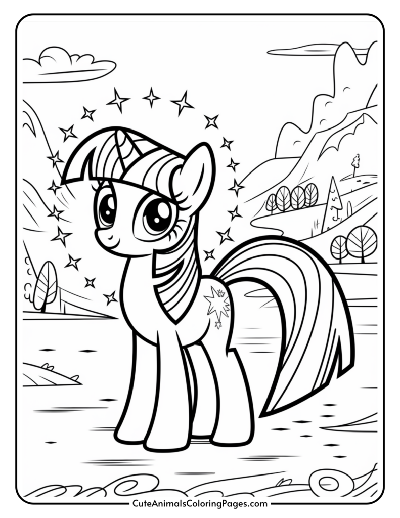 A cartoon pony with a starry mane and tail, standing in a scenic outdoor setting with mountains and trees.