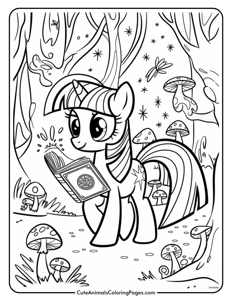 A unicorn reading a book in a magical forest with mushrooms and stars.