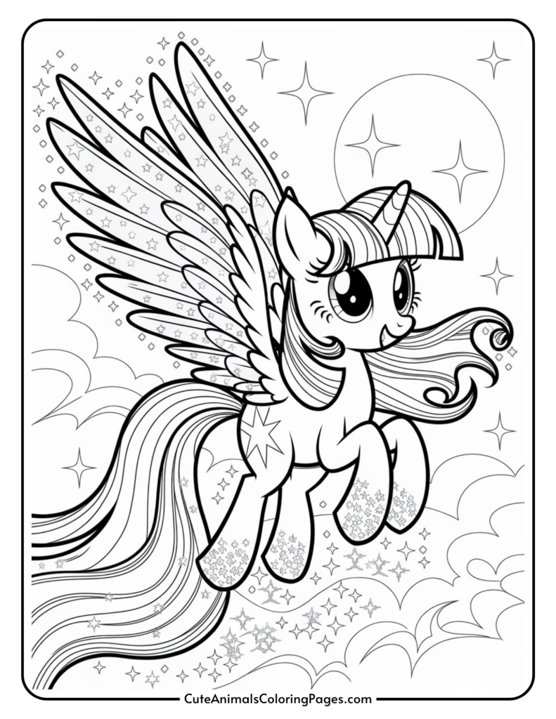 Flying unicorn with wings and stars in the background, surrounded by clouds and sparkles.