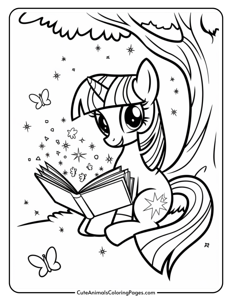 A cartoon pony reading a book under a tree, surrounded by stars and butterflies.