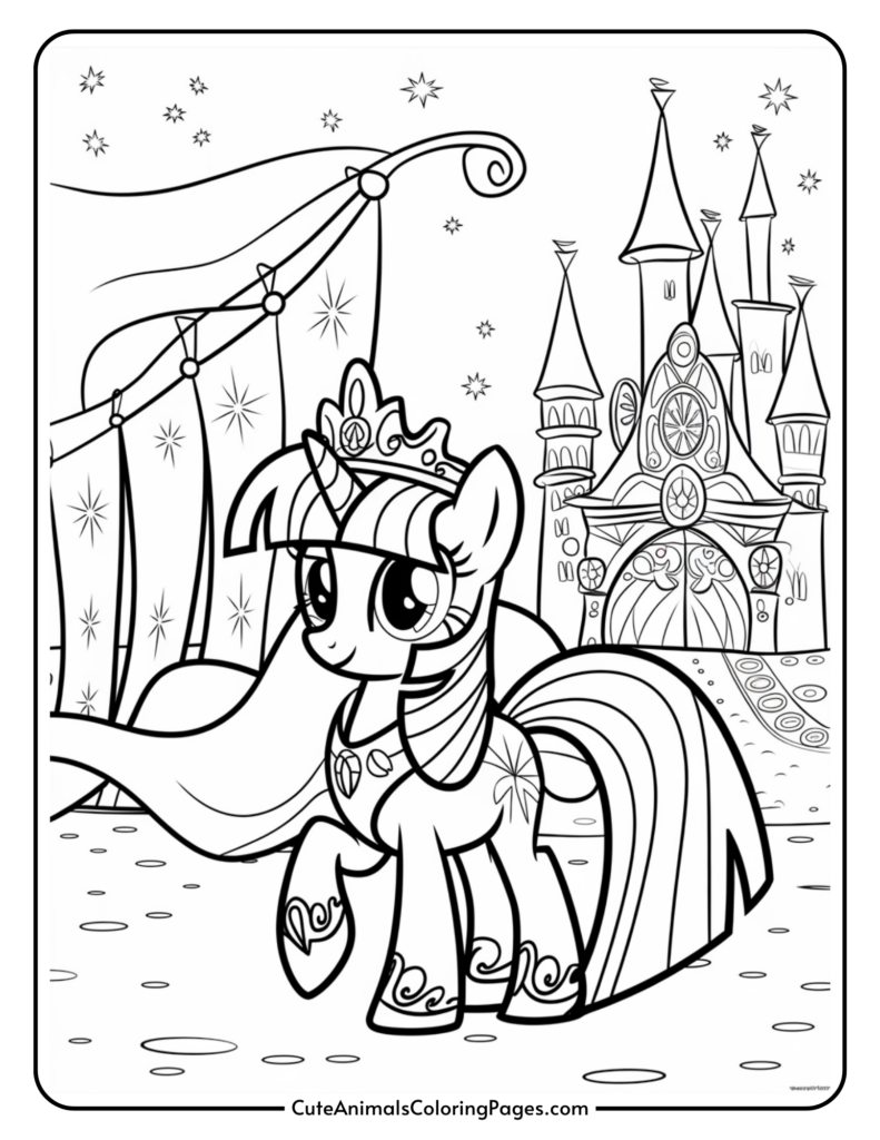 A cartoon pony wearing a crown and ornate garments stands in front of a castle, with stars and a draped curtain in the background.